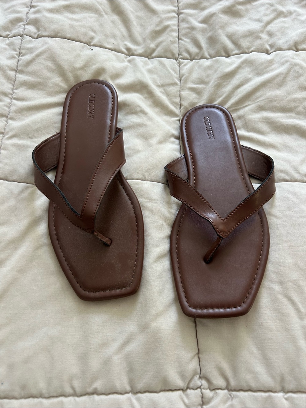 Old Navy Brown Square-Toe Leather Flip Flop Sandals
